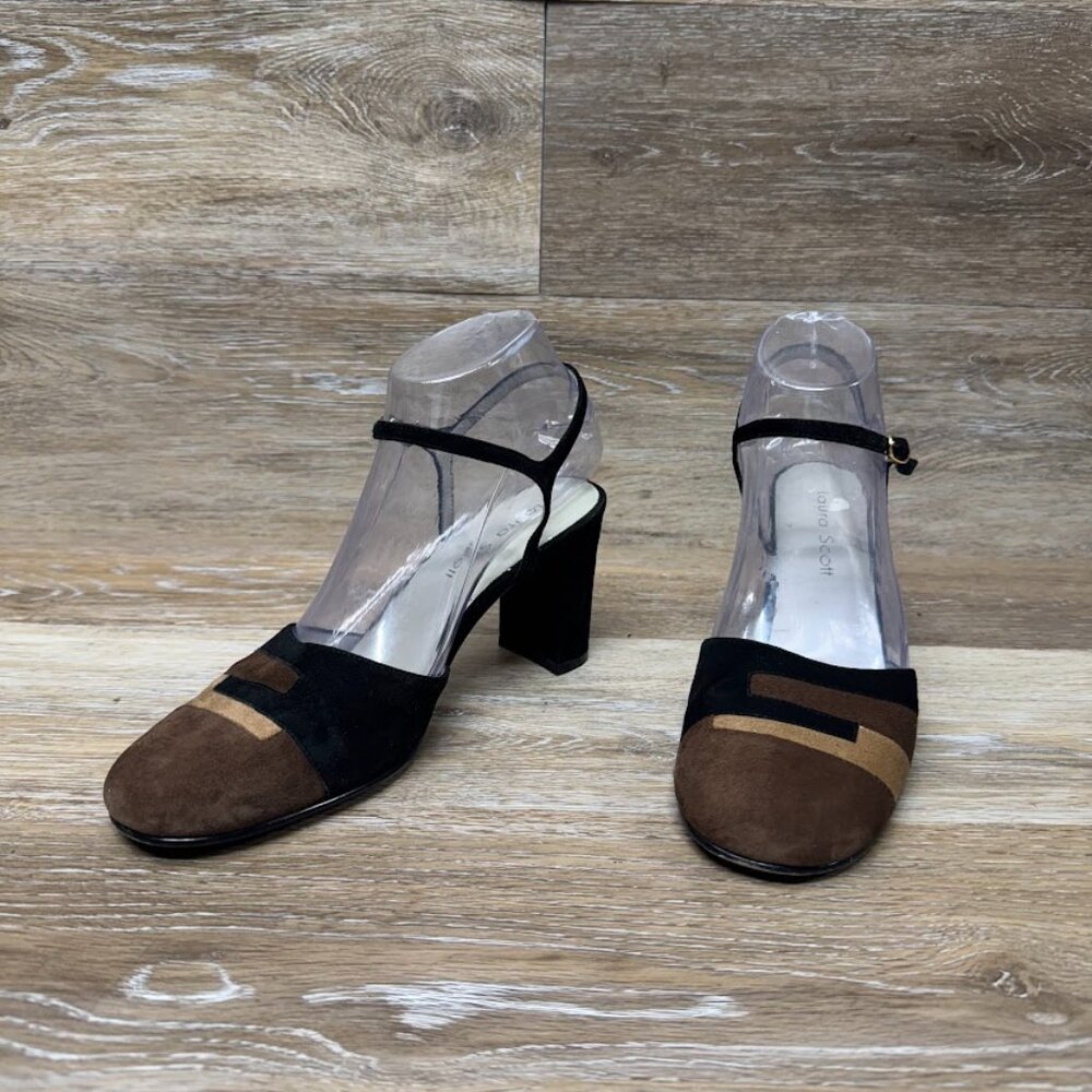 Karen Scott Patty Black/Brown Suede Ankle Strap Heels Women's Size 7